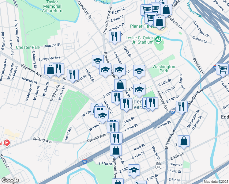 map of restaurants, bars, coffee shops, grocery stores, and more near 211 East 18th Street in Chester