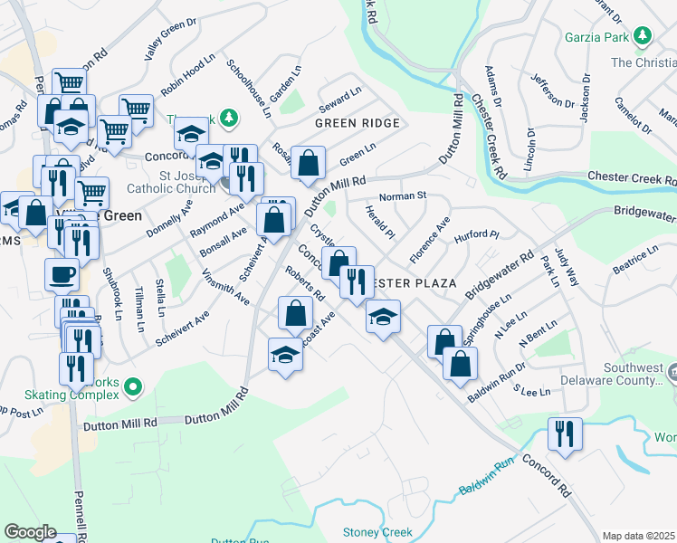 map of restaurants, bars, coffee shops, grocery stores, and more near 3030 Concord Road in Aston
