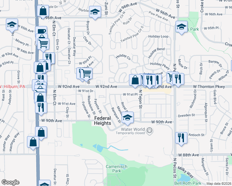 map of restaurants, bars, coffee shops, grocery stores, and more near 9128 Royal Street in Federal Heights