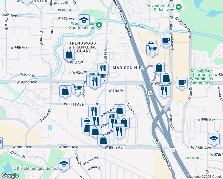map of restaurants, bars, coffee shops, grocery stores, and more near 9150 Harlan St in Westminster