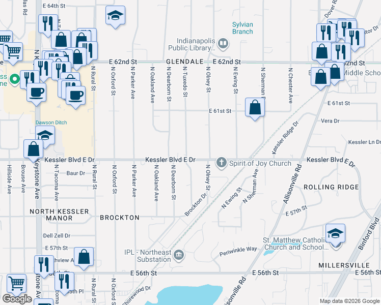 map of restaurants, bars, coffee shops, grocery stores, and more near 3410 Kessler Boulevard East Drive in Indianapolis