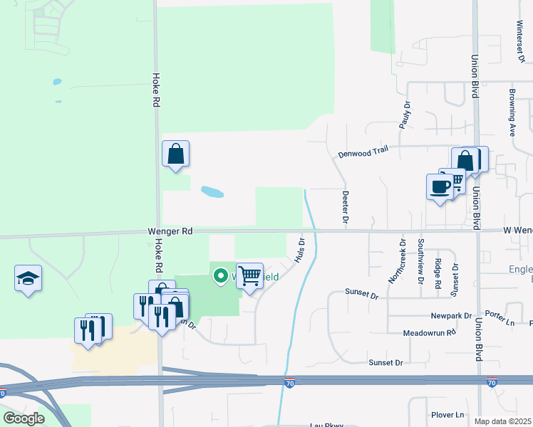 map of restaurants, bars, coffee shops, grocery stores, and more near 4639 Wenger Road in Clayton