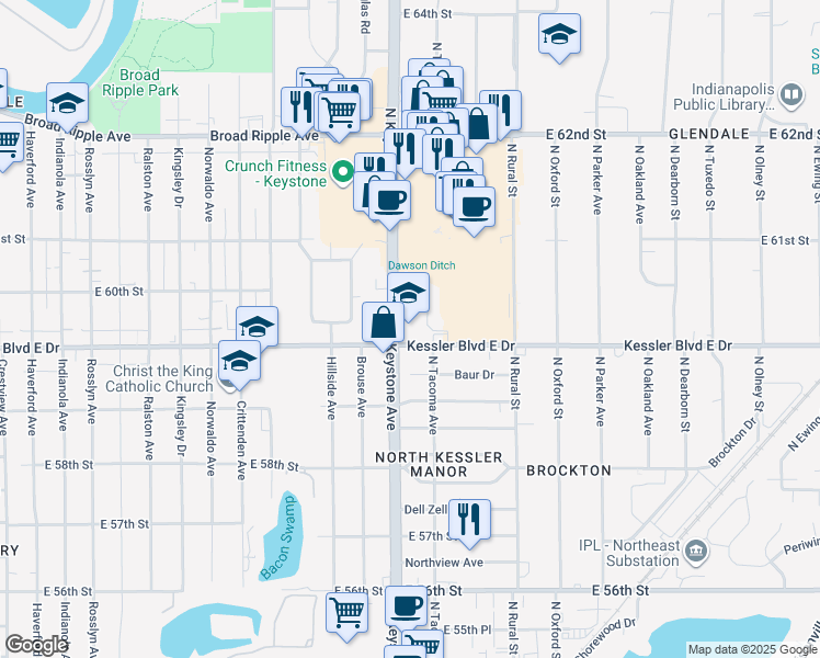 map of restaurants, bars, coffee shops, grocery stores, and more near 2424 Kessler Boulevard East Drive in Indianapolis
