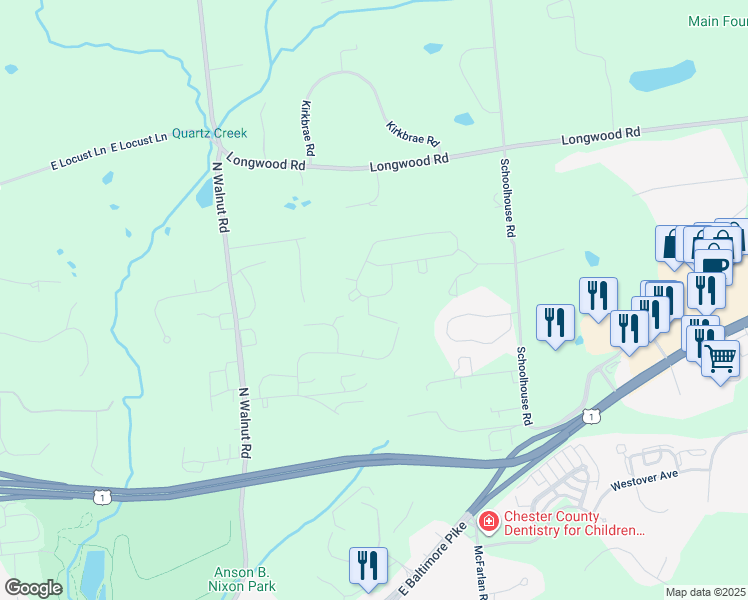 map of restaurants, bars, coffee shops, grocery stores, and more near 718 Cascade Way in Kennett Square