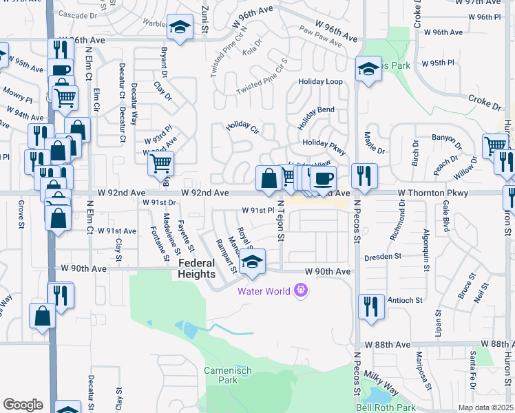 map of restaurants, bars, coffee shops, grocery stores, and more near 2024 West 91st Place in Federal Heights