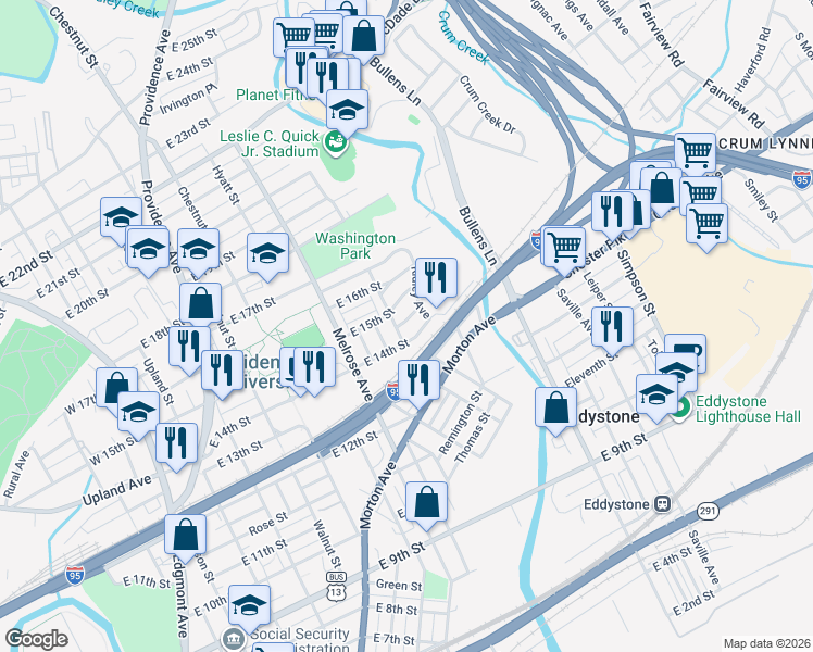 map of restaurants, bars, coffee shops, grocery stores, and more near 909 Macadam Street in Chester