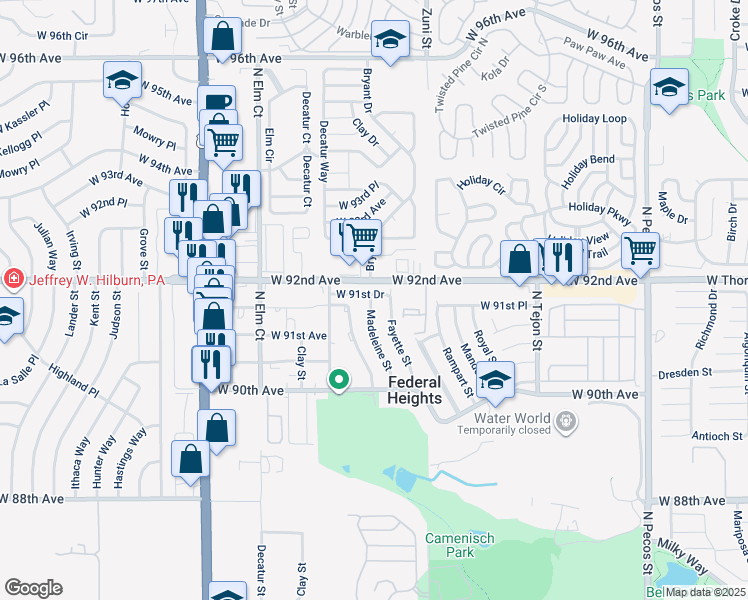 map of restaurants, bars, coffee shops, grocery stores, and more near 9157 Madeleine Street in Federal Heights