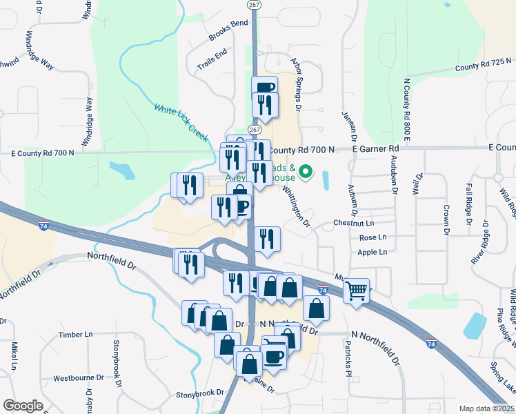 map of restaurants, bars, coffee shops, grocery stores, and more near 1376 North Green Street in Brownsburg