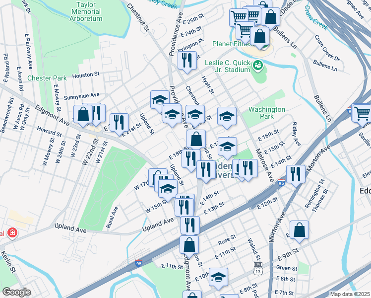 map of restaurants, bars, coffee shops, grocery stores, and more near 211 East 18th Street in Chester
