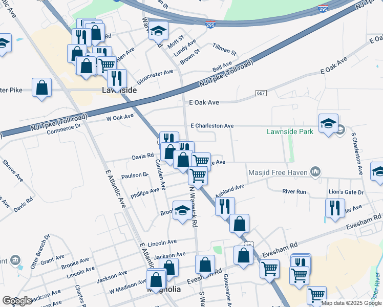 map of restaurants, bars, coffee shops, grocery stores, and more near 116 Charman Avenue in Magnolia