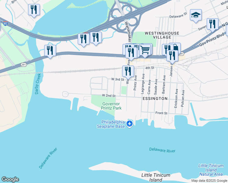 map of restaurants, bars, coffee shops, grocery stores, and more near in Tinicum Township