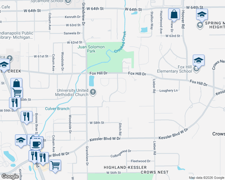 map of restaurants, bars, coffee shops, grocery stores, and more near 5941 Medora Drive in Indianapolis