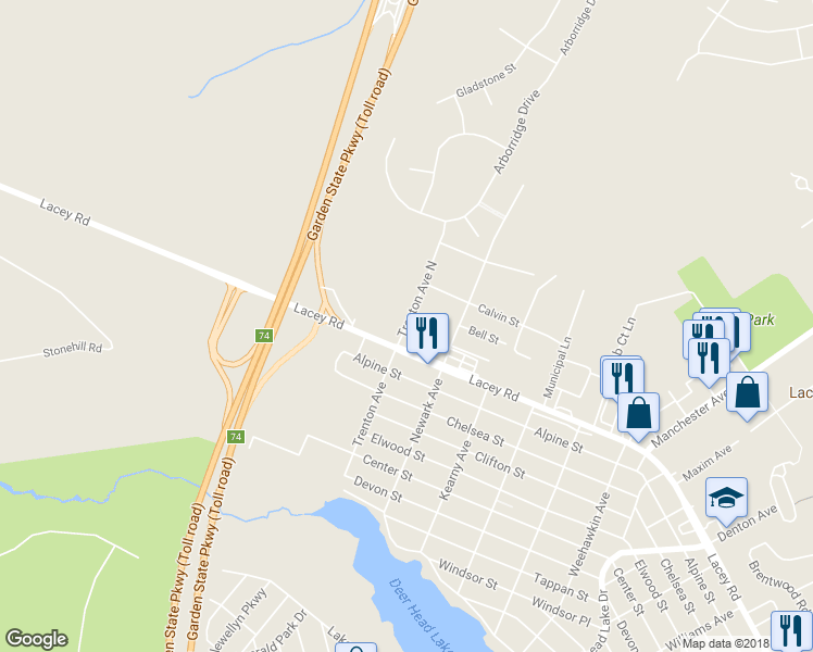 map of restaurants, bars, coffee shops, grocery stores, and more near Arthur St in Lacey