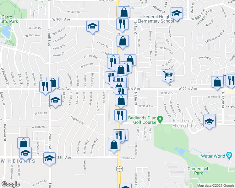 map of restaurants, bars, coffee shops, grocery stores, and more near 9141 Federal Boulevard in Westminster