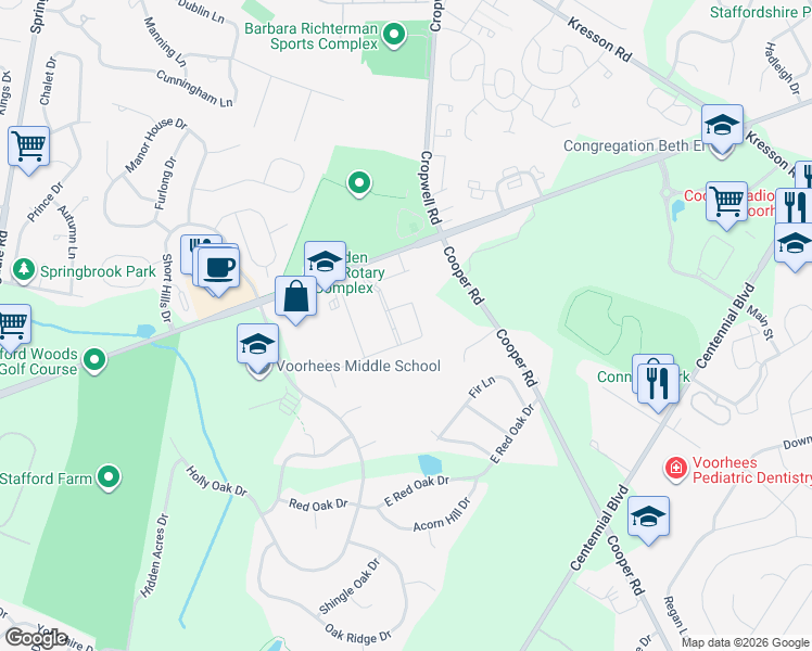 map of restaurants, bars, coffee shops, grocery stores, and more near 90 Carnie Boulevard in Voorhees Township