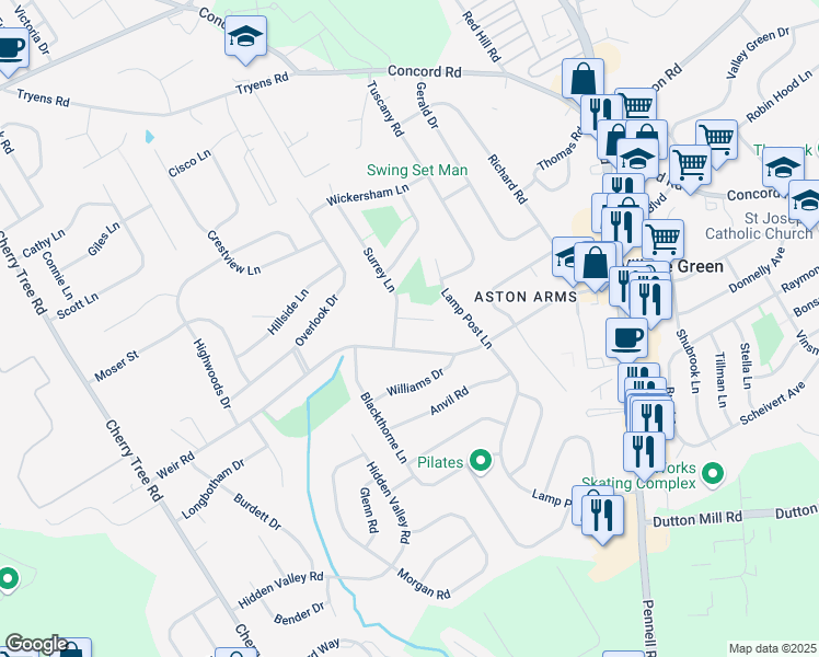 map of restaurants, bars, coffee shops, grocery stores, and more near 3183 Surrey Lane in Aston