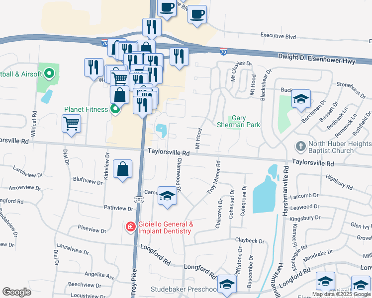 map of restaurants, bars, coffee shops, grocery stores, and more near 5800 Taylorsville Road in Dayton
