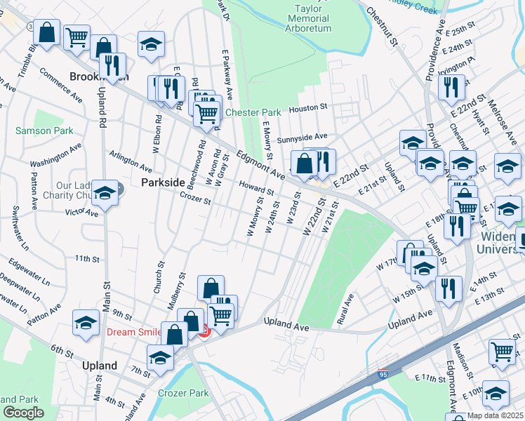 map of restaurants, bars, coffee shops, grocery stores, and more near 131 West Mowry Street in Chester