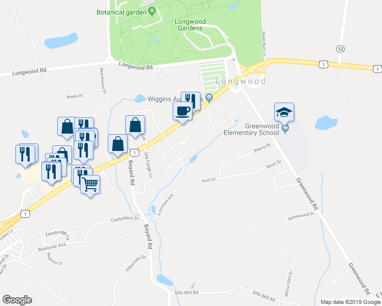 map of restaurants, bars, coffee shops, grocery stores, and more near 98 East Thomas Court in Kennett Square
