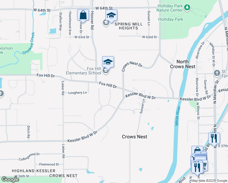 map of restaurants, bars, coffee shops, grocery stores, and more near 5953 Stafford Road in Indianapolis