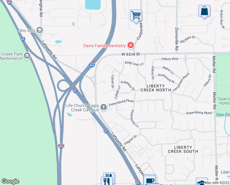 map of restaurants, bars, coffee shops, grocery stores, and more near 5951 Tybalt Lane in Indianapolis