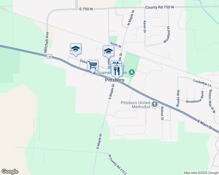 map of restaurants, bars, coffee shops, grocery stores, and more near 119 South Maple Street in Pittsboro