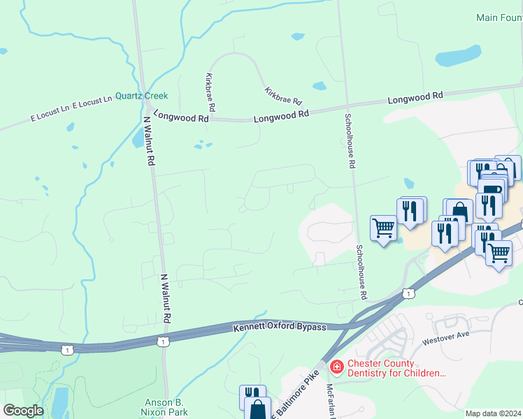 map of restaurants, bars, coffee shops, grocery stores, and more near 712 Cascade Way in Kennett Square