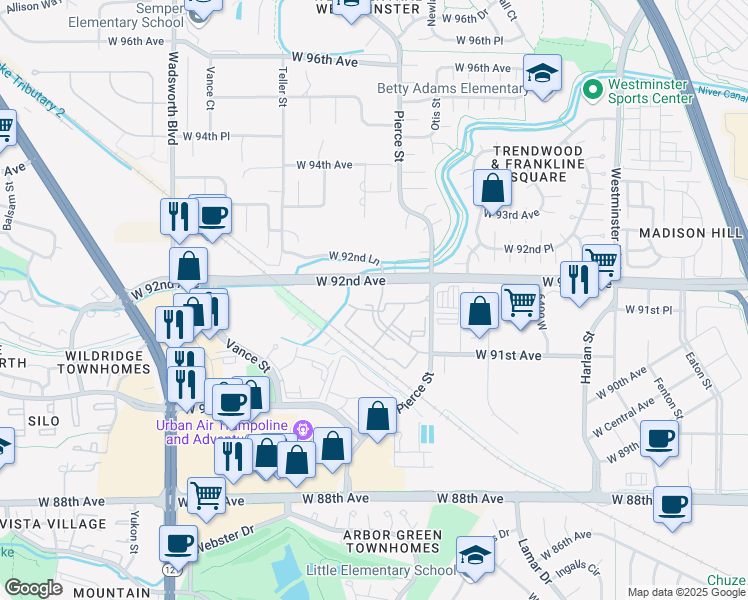 map of restaurants, bars, coffee shops, grocery stores, and more near 6880 West 91st Court in Westminster