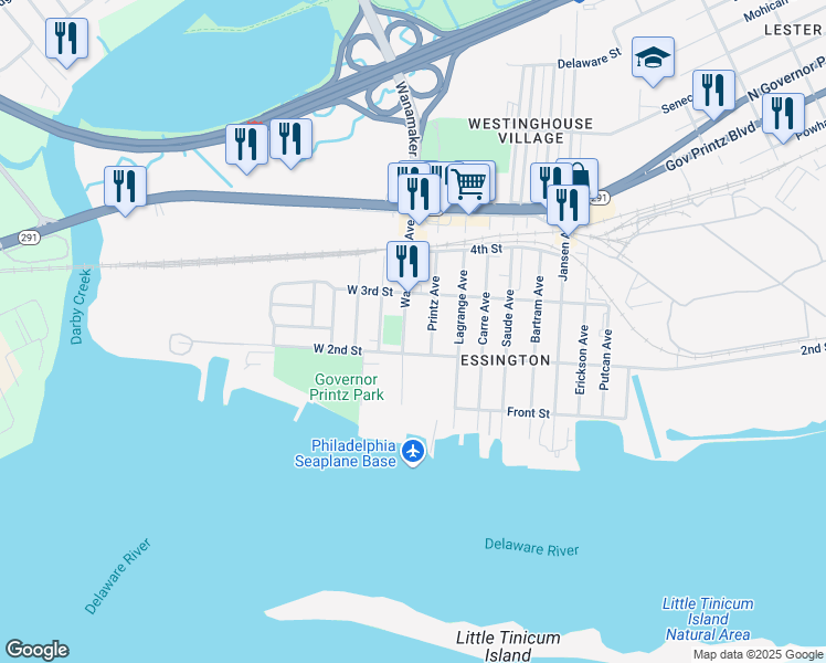 map of restaurants, bars, coffee shops, grocery stores, and more near 201 Printz Avenue in Tinicum Township