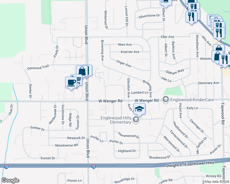 map of restaurants, bars, coffee shops, grocery stores, and more near 601 West Wenger Road in Englewood