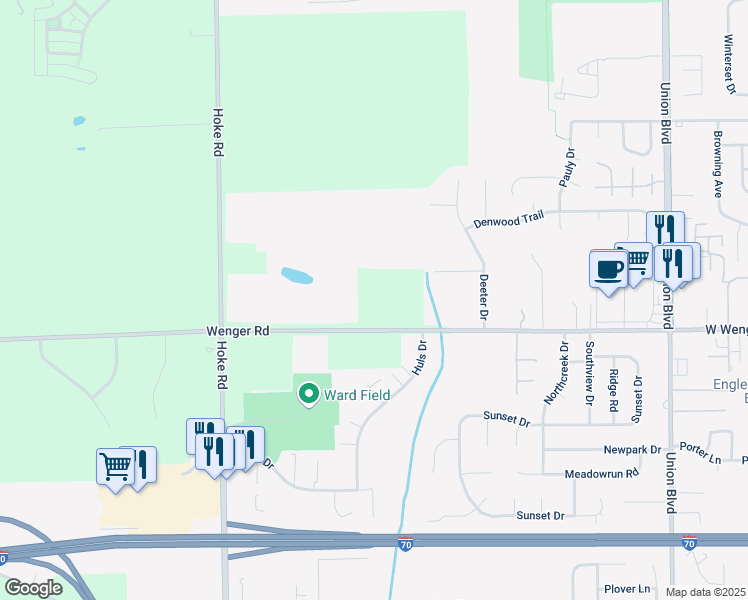 map of restaurants, bars, coffee shops, grocery stores, and more near 4639 Wenger Road in Clayton