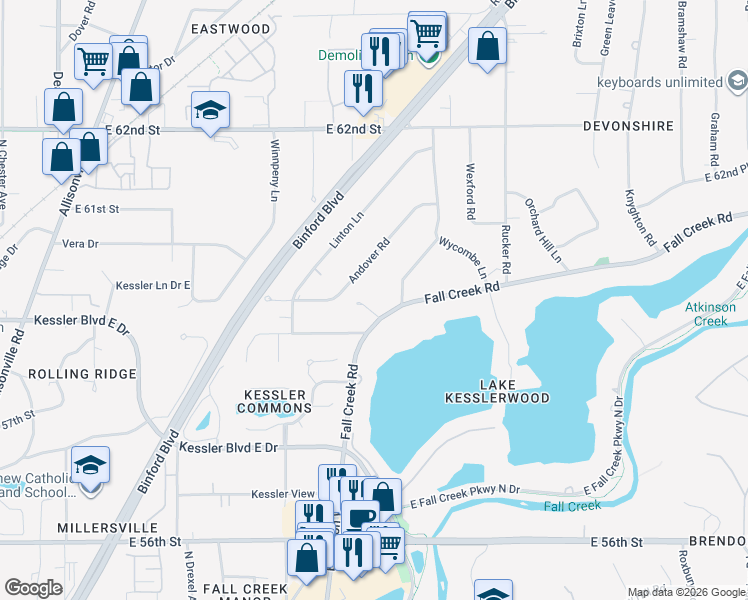 map of restaurants, bars, coffee shops, grocery stores, and more near 5042 Fall Creek Road in Indianapolis