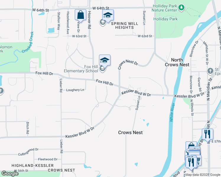 map of restaurants, bars, coffee shops, grocery stores, and more near 5953 Stafford Road in Indianapolis
