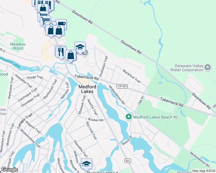 map of restaurants, bars, coffee shops, grocery stores, and more near 100 Chippewa Trail in Medford Lakes