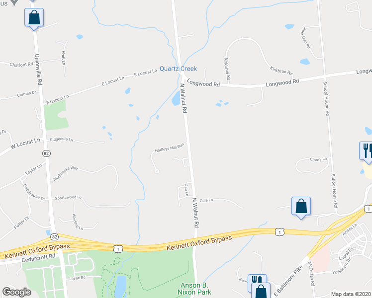 map of restaurants, bars, coffee shops, grocery stores, and more near 527 North Walnut Road in Kennett Square