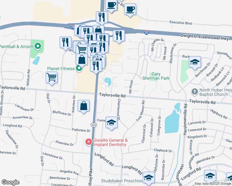map of restaurants, bars, coffee shops, grocery stores, and more near 5800 Taylorsville Road in Dayton