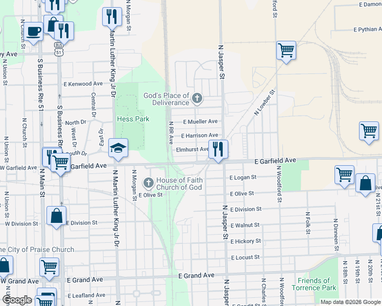 map of restaurants, bars, coffee shops, grocery stores, and more near 900-1098 East Garfield Avenue in Decatur