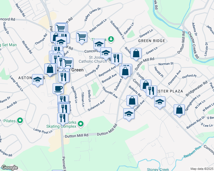 map of restaurants, bars, coffee shops, grocery stores, and more near 121 Edgar Avenue in Village Green