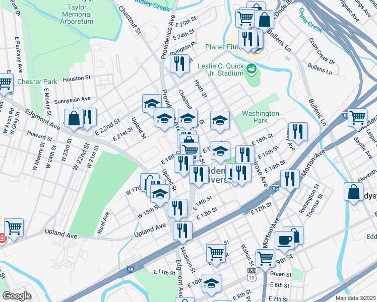 map of restaurants, bars, coffee shops, grocery stores, and more near 1713 Providence Avenue in Chester