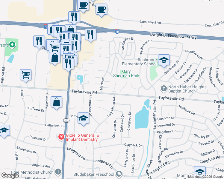 map of restaurants, bars, coffee shops, grocery stores, and more near in Huber Heights