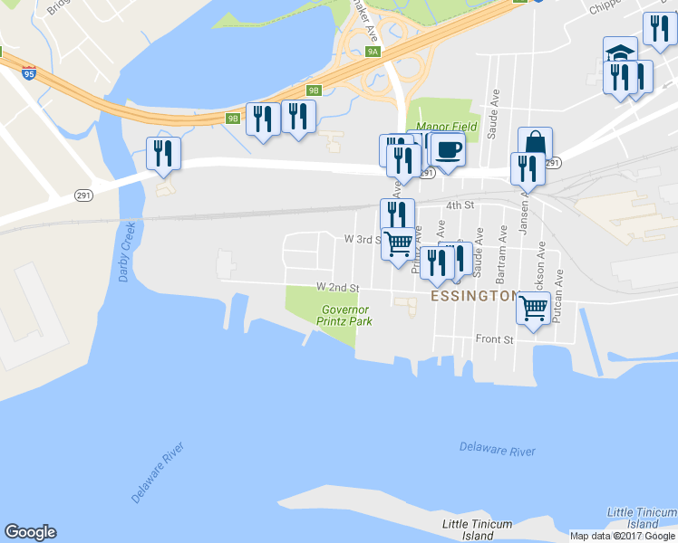 map of restaurants, bars, coffee shops, grocery stores, and more near 203 Corinthian Avenue in Tinicum Township