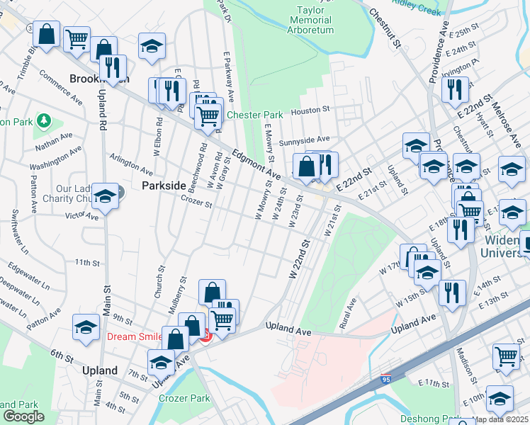 map of restaurants, bars, coffee shops, grocery stores, and more near 127 West Mowry Street in Chester