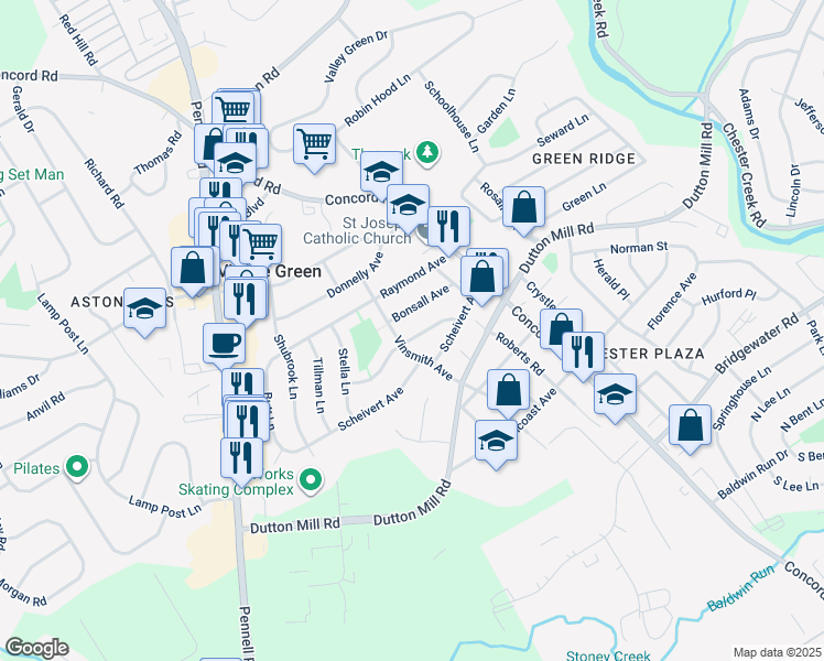 map of restaurants, bars, coffee shops, grocery stores, and more near 121 Edgar Avenue in Village Green