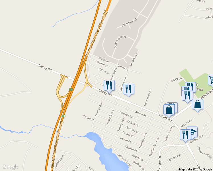 map of restaurants, bars, coffee shops, grocery stores, and more near 1008 Trenton Avenue North in Lacey Township