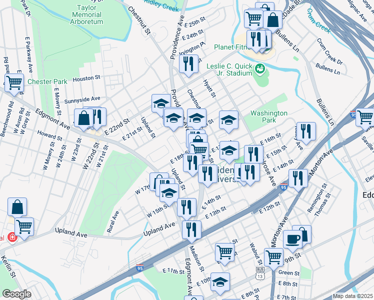 map of restaurants, bars, coffee shops, grocery stores, and more near 204 East 18th Street in Chester