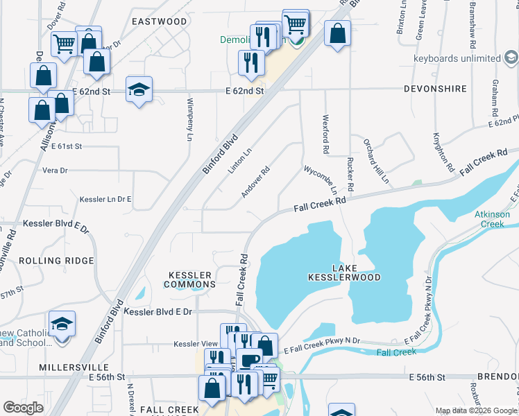 map of restaurants, bars, coffee shops, grocery stores, and more near 5042 Fall Creek Road in Indianapolis