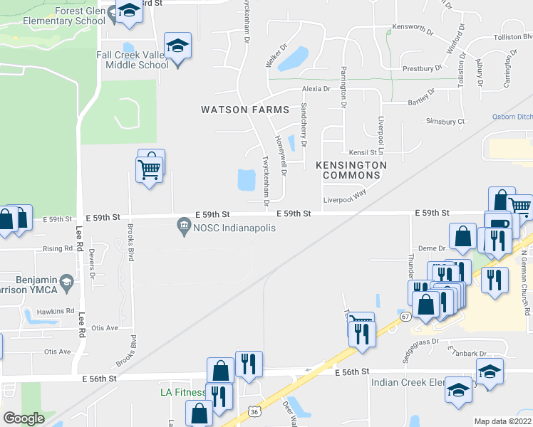 map of restaurants, bars, coffee shops, grocery stores, and more near E 59th St & Twyckenham Dr in Lawrence