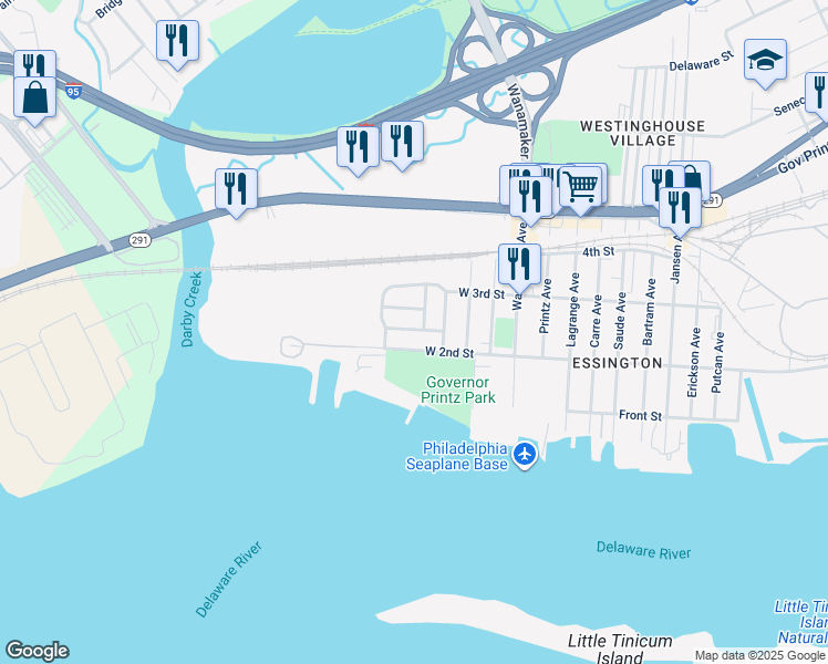 map of restaurants, bars, coffee shops, grocery stores, and more near 404 Essington Avenue in Delaware County