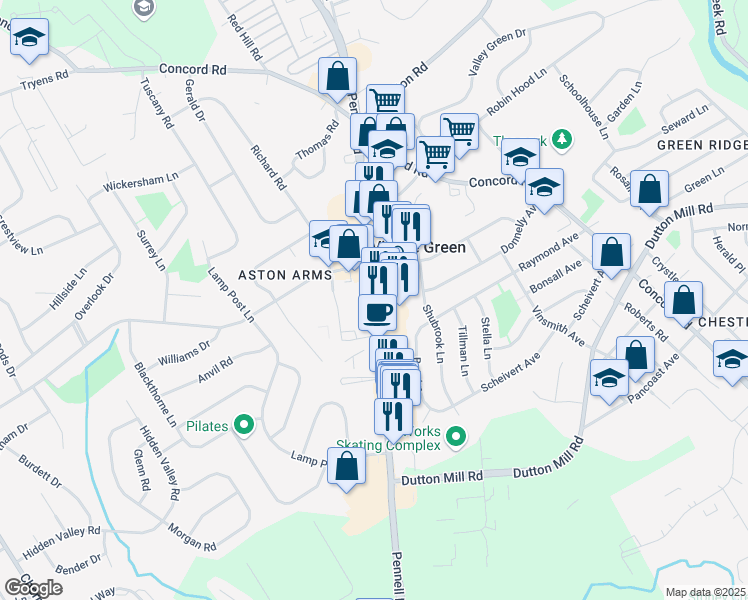 map of restaurants, bars, coffee shops, grocery stores, and more near 4998 Pennell Road in Aston