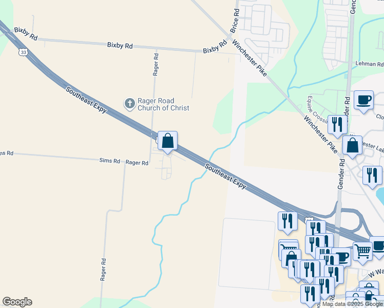 map of restaurants, bars, coffee shops, grocery stores, and more near Southeast Expy in Canal Winchester